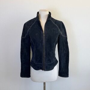 Vtg Y2K Wilsons Leather Navy Blue Suede Jacket Women Xsmall Moto Biker Retro